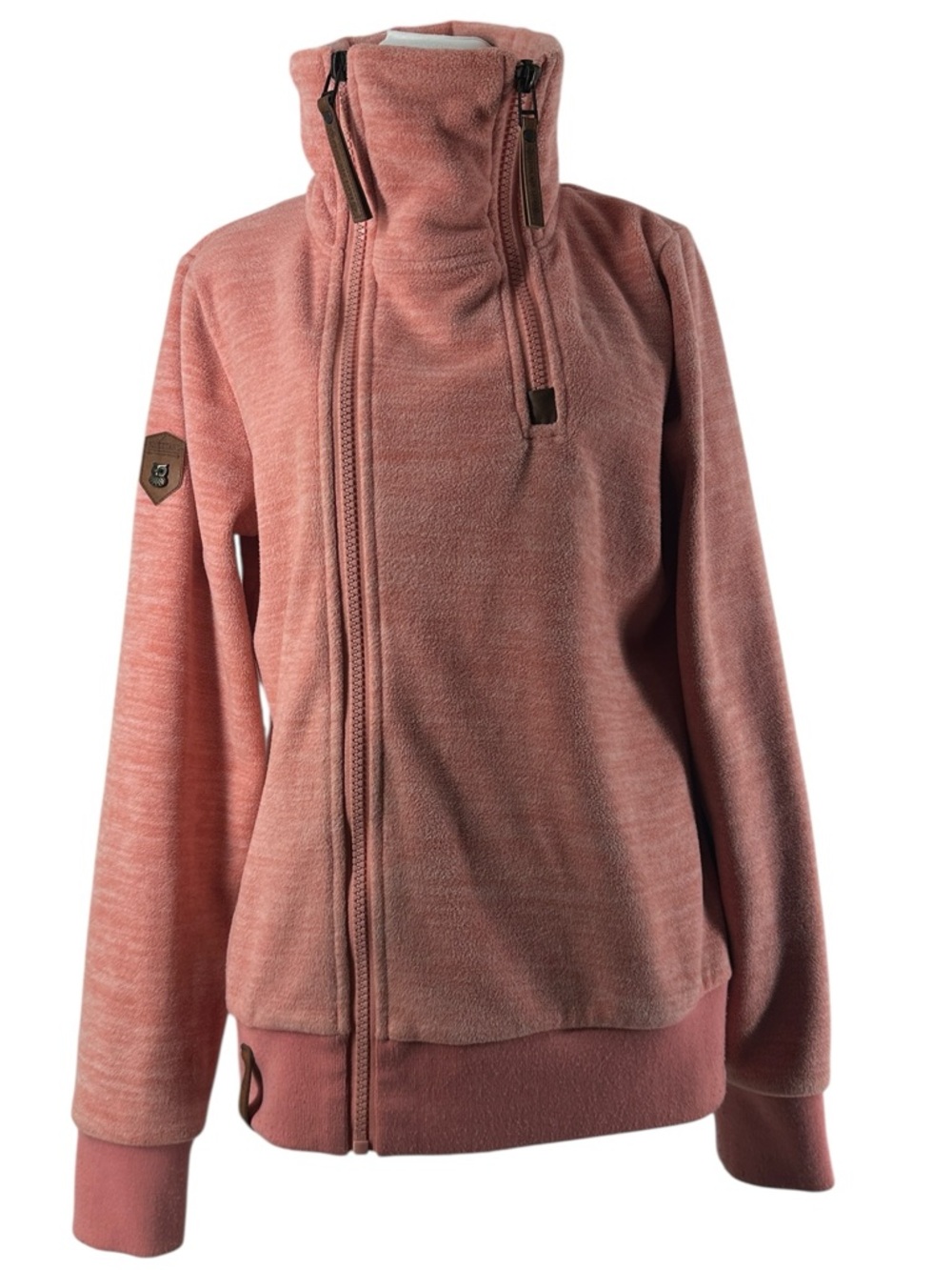 Naketano fleece jacket chunky Full Zip Funnel Neck faux Leather Trim Sz Lg